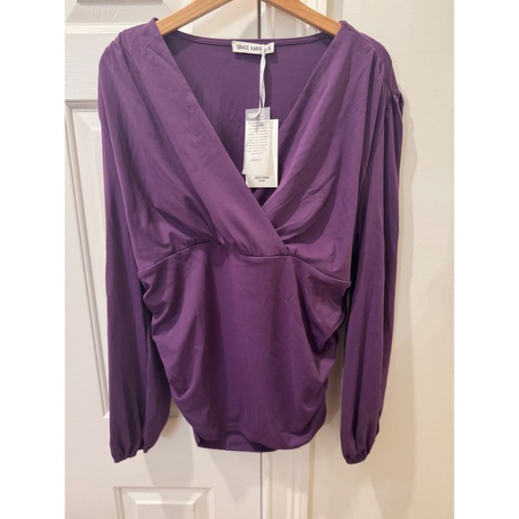 Grace Karin Tops - Grace Karin Womens Purple Ruched Surplice V-Neck Long‎ Sleeve Blouse Top 2XL NWT